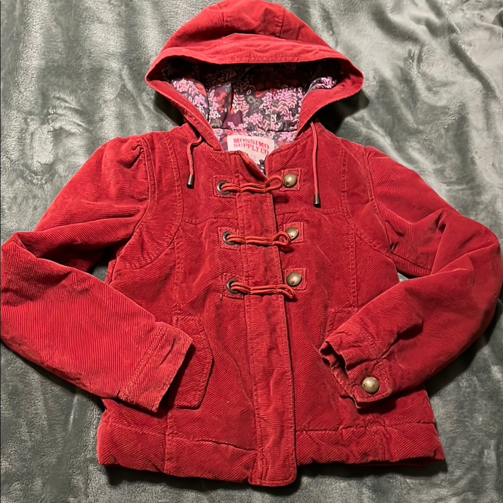 Mossimo Suooly Co size small Rust Red Hooded Corduroy Jacket with floral lining